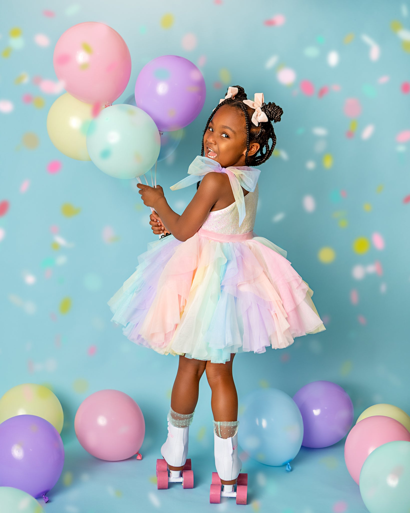 cotton candy tutu dress Weekend forecast: 100% chance of soft pastels magic Twirl into a world of whimsy with our Lyra Tutu dress in rainbow cotton candy! This magical creation is back in all sizes