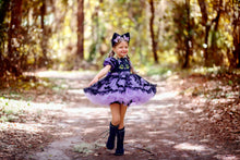 Load image into Gallery viewer, A purple and black bat and cat themed tutu dress.  Perfect for a Halloween Party.