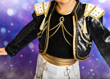 Load image into Gallery viewer, Black and gold pop star costume for girls with sequin jacket, shoulder details and pleated skort