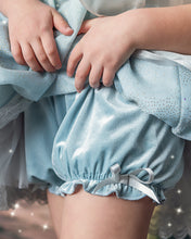 Load image into Gallery viewer, Matching blue velvet bloomers with silver bow beneath girls princess dress