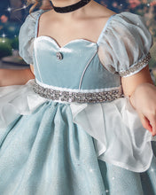 Load image into Gallery viewer, Blue velvet princess dress bodice with sweetheart neckline, sheer puff sleeves and rhinestone trim