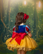 Load image into Gallery viewer, Back view of boutique blue and yellow princess dress with oversized red chiffon bow