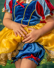 Load image into Gallery viewer, Blue and yellow girls princess dress with coordinating royal blue velvet bloomers