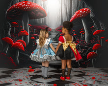 Load image into Gallery viewer, Red, black, and gold boutique dress with heart detailing.