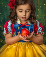 Load image into Gallery viewer, Close-up of boutique princess dress with royal blue velvet bodice, puff sleeves and yellow skirt