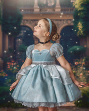 Load image into Gallery viewer, Cinderella inspired blue princess dress for girls with sparkling skirt, puff sleeves and rhinestone details