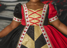 Load image into Gallery viewer, Close-up of the velvet bodice featuring faux lace-up detailing, gold trim, and heart accents.
