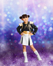 Load image into Gallery viewer, Black and gold pop star costume for girls with sequin jacket, shoulder details and pleated skort