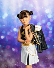 Load image into Gallery viewer, Girls pop star outfit with shimmery black top, white pleated skort and black sequin jacket