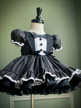 Load image into Gallery viewer, Girls Halloween dress with black and white pinstripes, embroidered bat collar, velvet bows, and a layered twirl skirt.