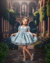 Load image into Gallery viewer, Girl wearing a blue princess ball gown with sparkling full skirt and silver details