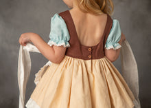 Load image into Gallery viewer, Back detail of girls storybook work dress with scoop back, buttons and full layered skirt