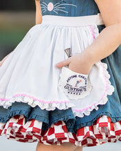 Load image into Gallery viewer, Close-up of girls chef costume apron with embroidered kitchen utensils, ruffled trim and decorative pocket