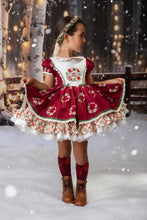 Load image into Gallery viewer, Girl holding the edges of a boutique Christmas dress with full holiday skirt