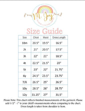 Load image into Gallery viewer, A size guide chart for a garment by M Joy Boutique, showing measurements for sizes 18m through 12y in a table format with columns for chest, waist, and dress length.