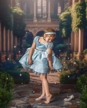 Load image into Gallery viewer, Full front view of girls Cinderella inspired blue princess ball gown with full sparkling twirl skirt
