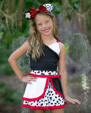 Load image into Gallery viewer, Front view of a girls spotted Halloween play dress with a full skirt and comfortable athletic design.