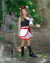 Load image into Gallery viewer, Girls dalmatian Halloween active dress with playful spotted design and full twirl skirt.