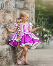 Load image into Gallery viewer, Girls fairytale princess costume in purple and pink with puff sleeves and layered lace skirt