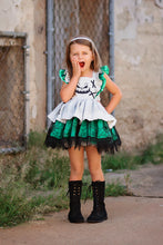 Load image into Gallery viewer, Girls green and tan Halloween boutique dress with embroidered bodice and layered skirt.