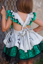 Load image into Gallery viewer, Vintage-inspired girls nightmare Halloween dress featuring textured fabric, green and tan layers, and lace trim.