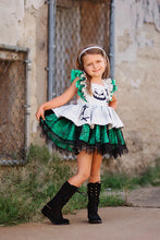 Load image into Gallery viewer, Vintage-inspired girls Halloween dress featuring textured fabric, green and tan layers, and lace trim.