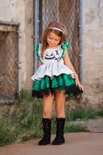 Load image into Gallery viewer, Vintage-inspired girls spooking Halloween dress featuring textured fabric, green and tan layers, and lace trim.