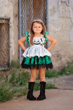 Load image into Gallery viewer, Girls green and tan nightmare Halloween boutique dress with embroidered bodice and layered skirt.