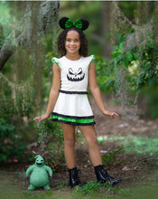 Load image into Gallery viewer, Front view of a girls Halloween boogey play dress with a full skirt and festive seasonal details.