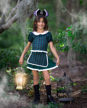 Load image into Gallery viewer, Girls haunted Halloween manor active dress with festive print, comfortable athletic fabric, and a full twirl skirt.