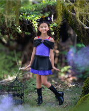Load image into Gallery viewer, Girls wicked Halloween active dress with off-the-shoulder top, layered ruffle skirt, and built-in shorts.