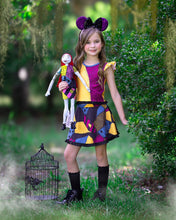 Load image into Gallery viewer, Girls Halloween active dress with colorful patchwork design, flutter sleeves, and a full skirt.