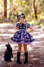 Load image into Gallery viewer, Girls Halloween dress featuring playful black cats, bats, and a full boutique twirl skirt.