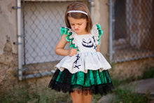 Load image into Gallery viewer, Close-up of embroidered details and textured cotton-linen appliqué on a girls  nightmare Halloween dress.