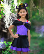 Load image into Gallery viewer, Close-up of the off-the-shoulder top and button-front detail on a girls wicked Halloween outfit.