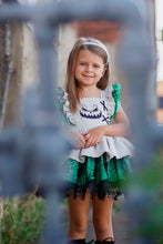 Load image into Gallery viewer, Vintage-inspired girls Halloween dress featuring textured fabric, green and tan layers, and lace trim.