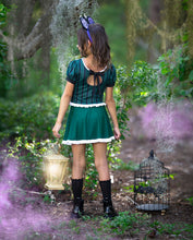 Load image into Gallery viewer, Back view of a girls haunted Halloween manor dress showing the back detail and full twirl skirt.