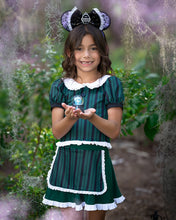 Load image into Gallery viewer, Close-up of the haunted Halloween manor print and stitching details on a girls active dress.