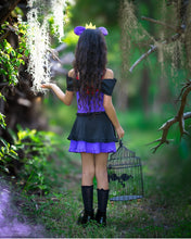 Load image into Gallery viewer, Back view of a girls wicked Halloween play dress with button-front top and full layered skirt.