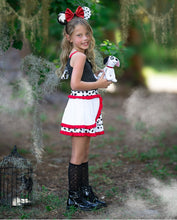 Load image into Gallery viewer, Side view of a girls dalmatian Halloween play dress with a full skirt and comfortable athletic design.