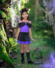 Load image into Gallery viewer, Front view of a girls wicked Halloween play dress with button-front top and full layered skirt.