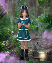 Load image into Gallery viewer, Front view of a girls Halloween manor play dress with a colorful seasonal print and full skirt.