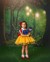 Load image into Gallery viewer, Girls blue and yellow princess costume with full twirl skirt for Halloween and dress-up