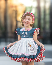 Load image into Gallery viewer, Girl wearing a mouse and chef costume dress with embroidered bodice, white apron and red checkered ruffles