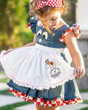 Load image into Gallery viewer, Girls mouse costume dress with embroidered face, flutter sleeves, white apron and red checkered skirt