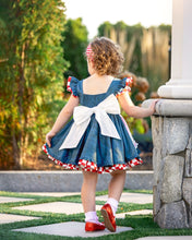 Load image into Gallery viewer, Back view of girls mouse costume dress with elastic bodice, large white sash bow and checkered hem