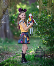 Load image into Gallery viewer, Play-friendly girls Halloween outfit made from athletic fabric with flutter sleeves and coordinating patchwork details.