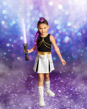 Load image into Gallery viewer, Girls black, white and gold performance costume with shimmery top and pleated skort