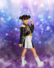 Load image into Gallery viewer, Girls pop star costume featuring black sequin jacket, gold accents and white pleated skort