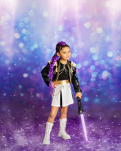 Load image into Gallery viewer, Girls black, white and gold pop star Halloween costume with sequin jacket and pleated skort